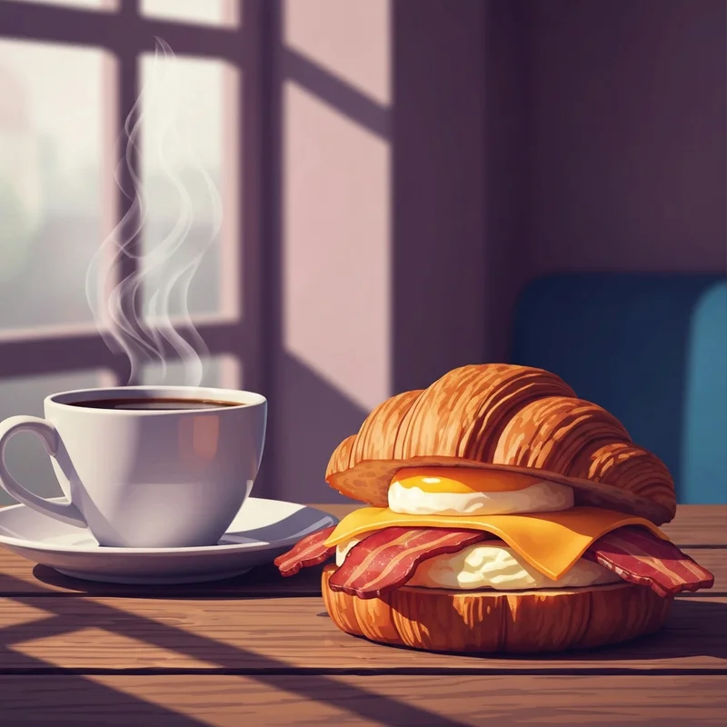 A delicious starbucks double smoked bacon sandwich with melted cheese and a croissant bun in a sunlit cafe setting.