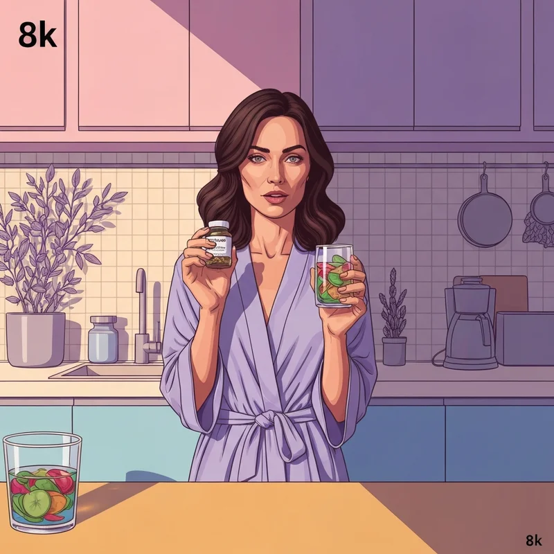 A woman holding hilma gas and bloat capsules in a wellness-focused setting.