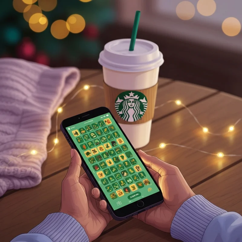 A person playing the starbucks for life game on their phone in a cozy holiday setting.