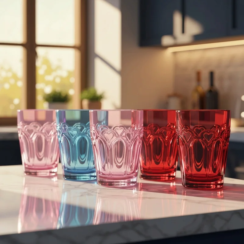 A beautiful collection of the latest starbucks valentines cups displayed on a marble counter in soft morning light.