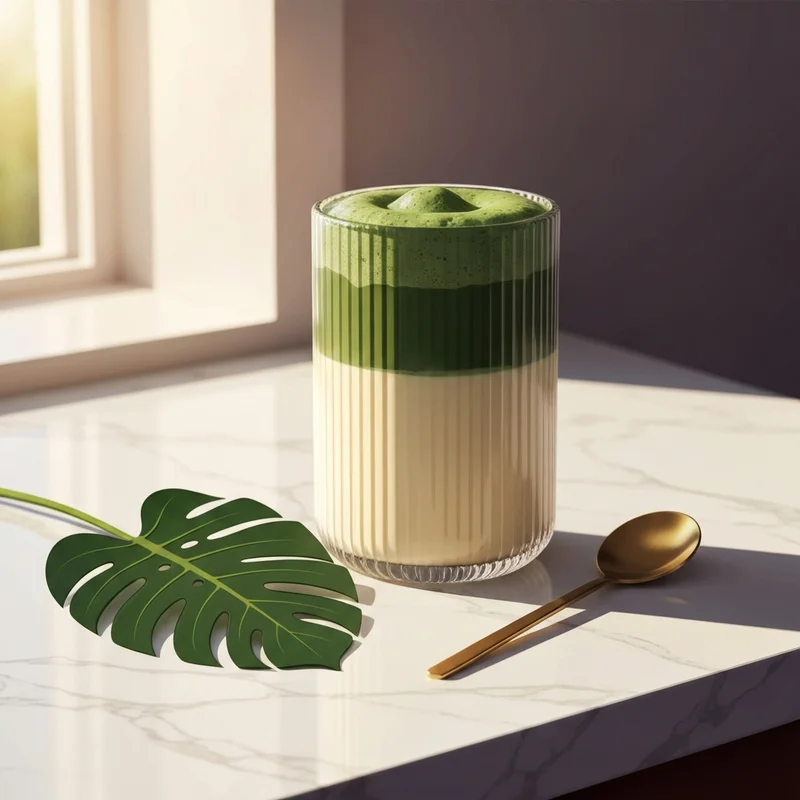 A beautiful layered banana matcha latte in a ribbed glass on a marble counter symbolizing a soft life morning ritual.