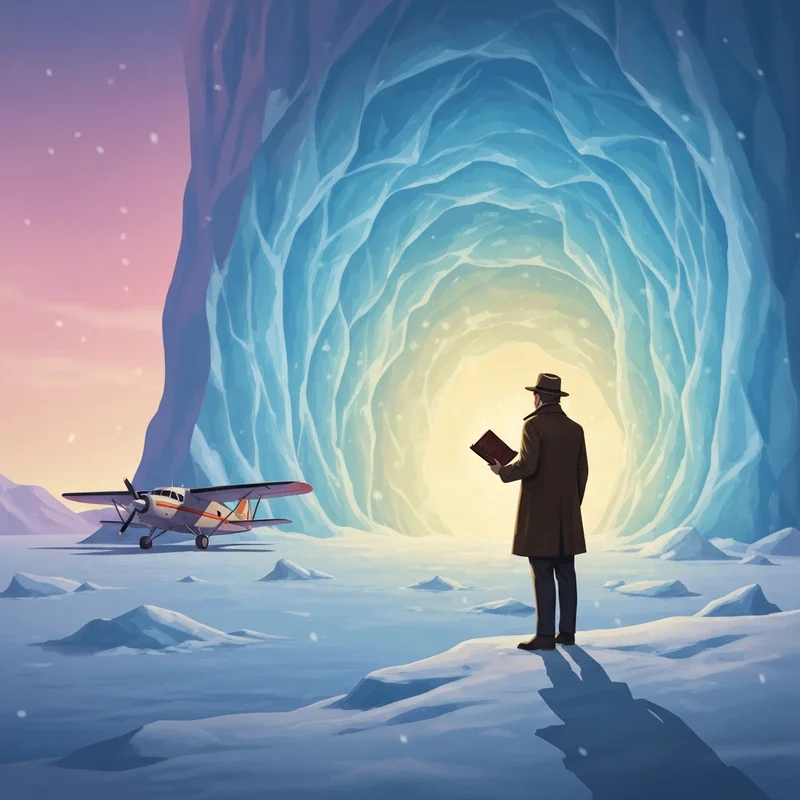 A vintage explorer holding the admiral byrd diary at the entrance of a glowing Antarctic ice cavern.