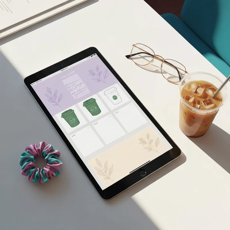 A beautiful digital planner layout featuring starbucks clipart and aesthetic coffee stickers on an iPad.