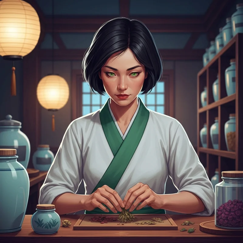 Maomao from the apothecary diaries mal looking focused while working with medicinal herbs.