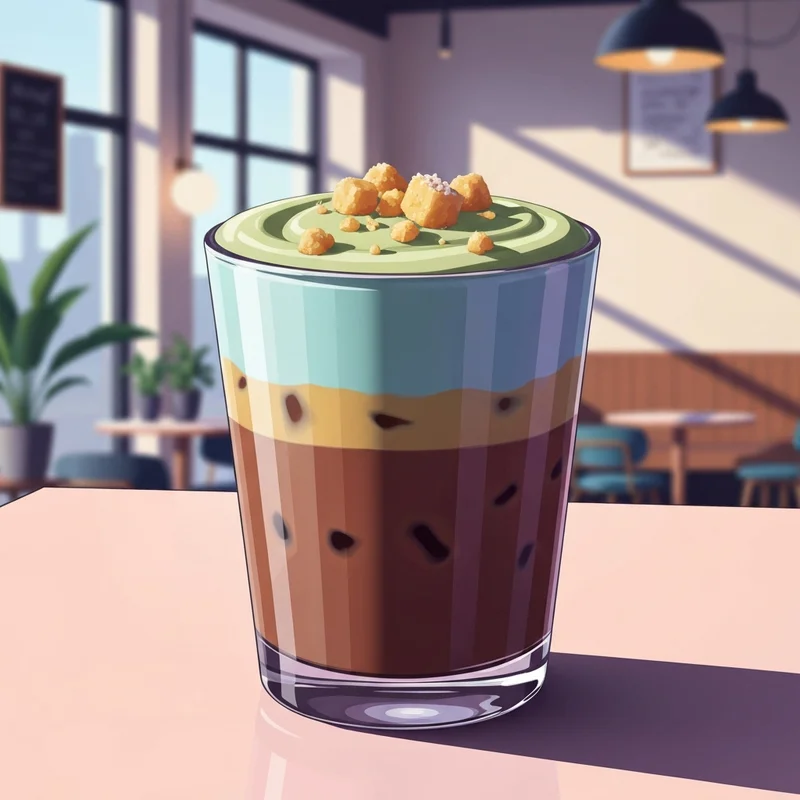 A close-up of the viral starbucks dubai chocolate drink featuring pistachio cream cold foam and salted brown-butter topping.