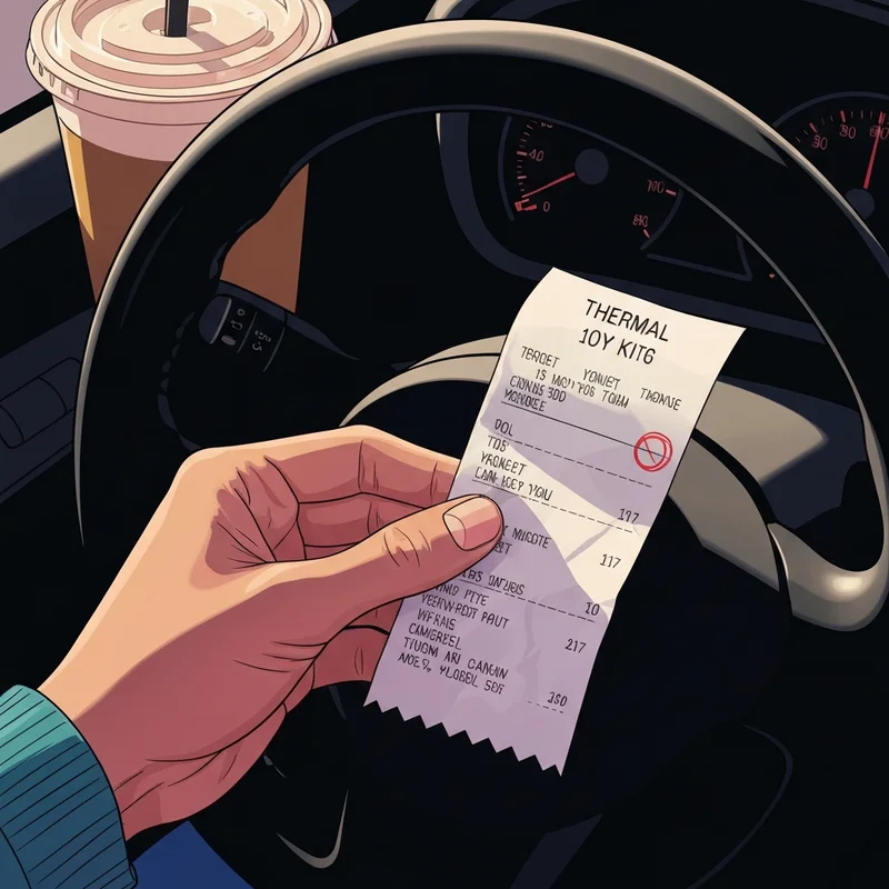 A close up of a hand holding a dunkin' receipt unexplained fee in a car during a morning commute.