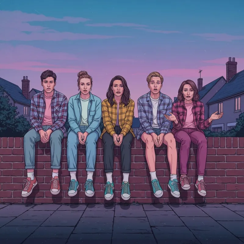 A group of 90s teenagers sitting on a brick wall, capturing the essence of the My Mad Fat Diary Cast in a cinematic style.