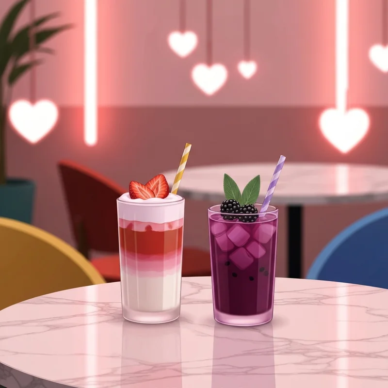 Aesthetic showcase of the new starbucks valentines drinks 2025 on a marble table with pink lighting.