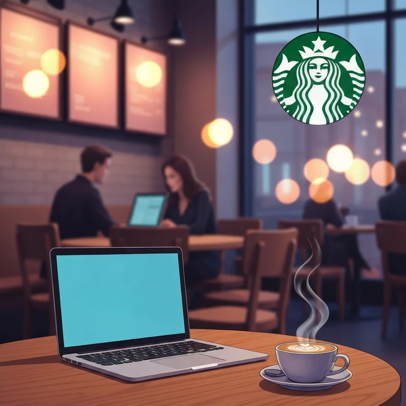 A person working on a laptop at a cafe, highlighting that does starbucks have free wifi for remote professionals.
