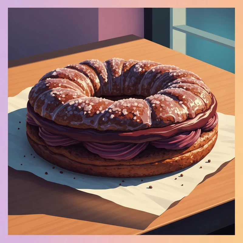 A perfectly glazed and frosted double chocolate donut dunkin on a display tray.