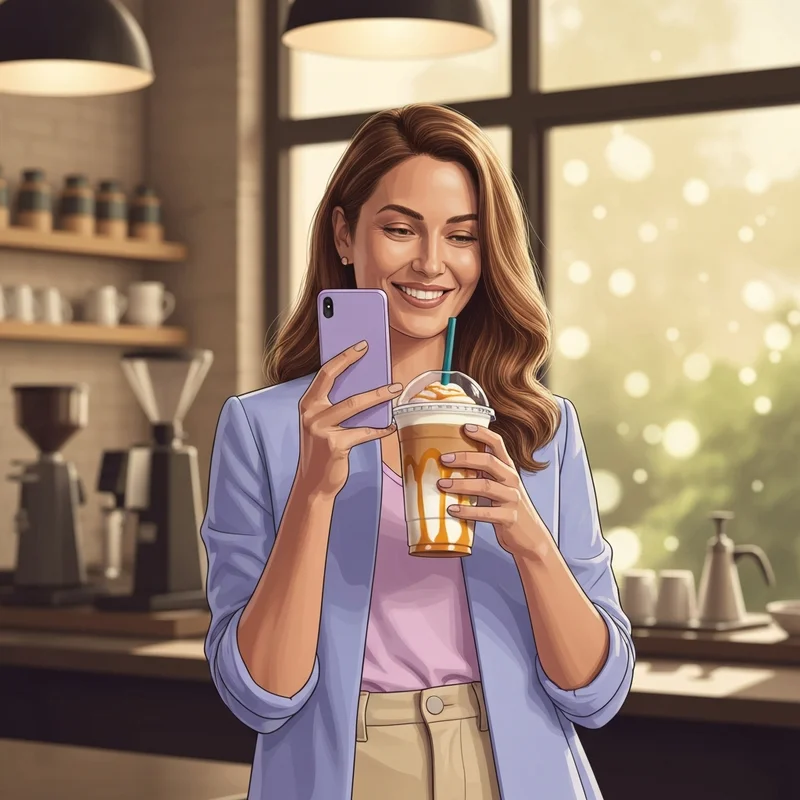 A young woman holding her starbucks free drink birthday reward in a sunlit cafe