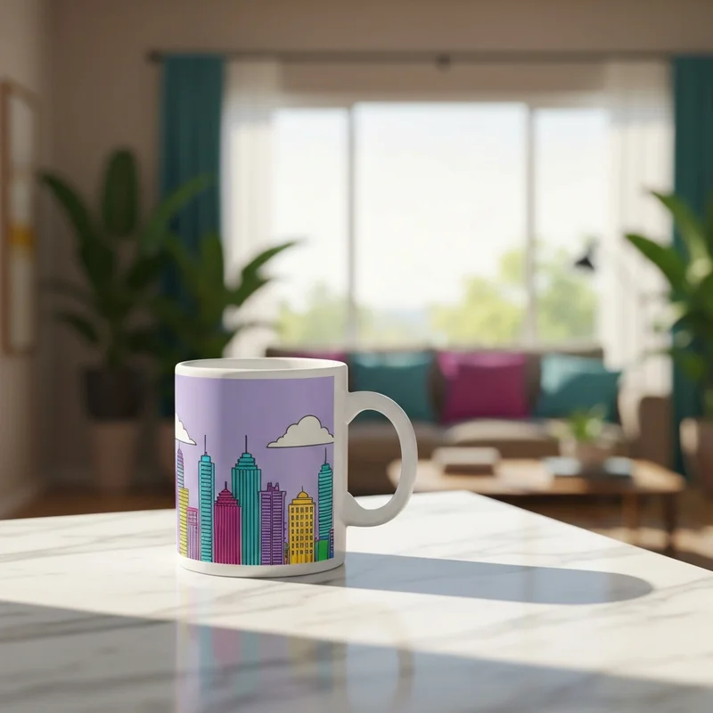 A detailed close-up of a Starbucks Discovery Series mug sitting on a sunlit kitchen counter.