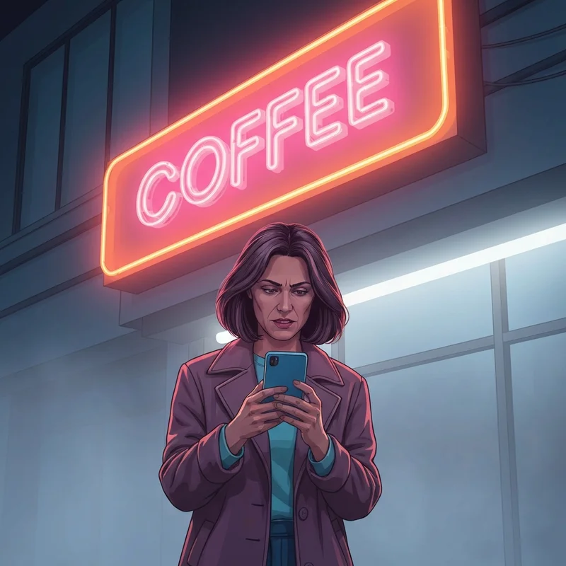 A young adult checking their smartphone to find out when does dunkin close in front of a neon-lit store.