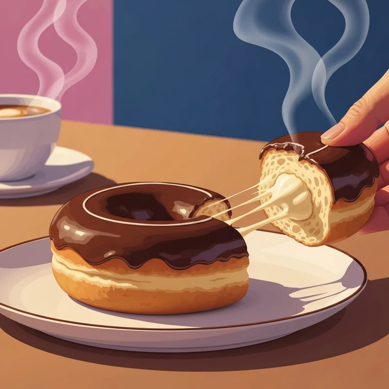 A close-up of a perfectly filled boston kreme donut dunkin with glossy chocolate icing.