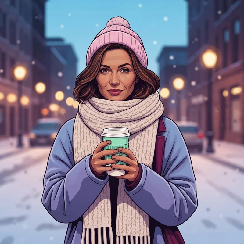 A woman enjoying a dunkin peppermint mocha during the holiday season in a snowy city.