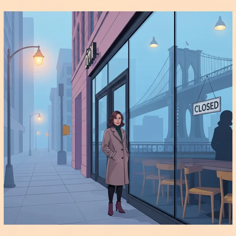 A woman standing outside a closed starbucks brooklyn location in a misty morning setting.