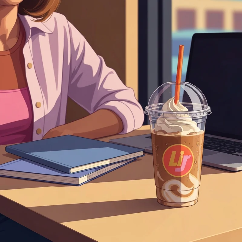 A refreshing iced coffee from the happy hour for dunkin donuts sits on a sunlit table alongside study materials.