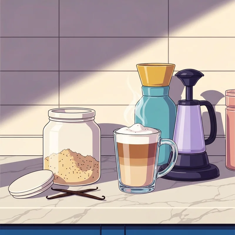 A close-up of a jar containing starbucks vanilla powder on a luxury kitchen counter next to a vanilla latte.