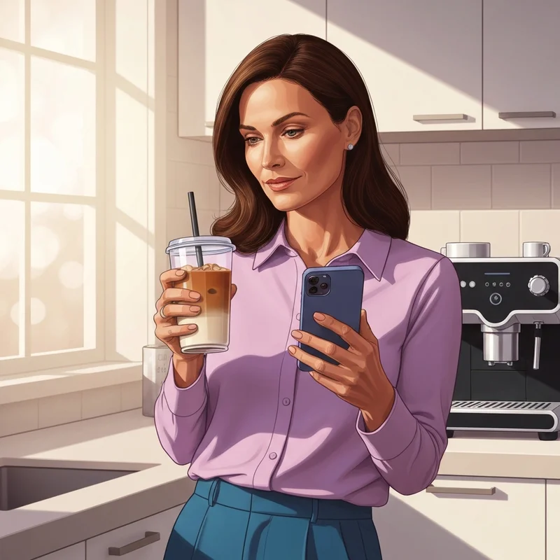 A woman using a starbucks drink calorie calculator on her phone while holding a custom iced latte.