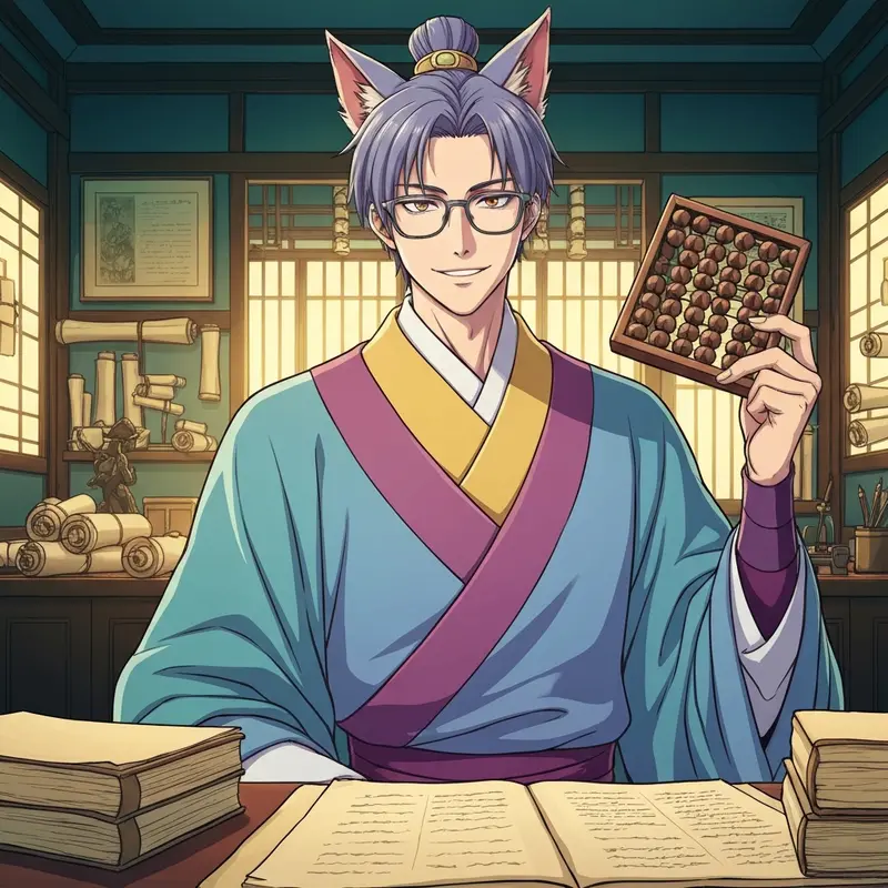 The character Lahan Apothecary Diaries holding an abacus in a scholarly setting.