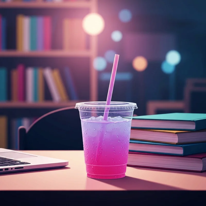 A vibrant neon drink sitting on a desk highlighting how much caffeine in dunkin energy.