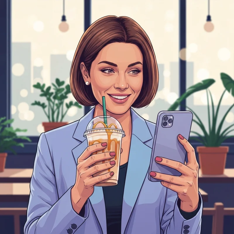 A young woman successfully using starbucks coupons on her phone in a modern cafe.