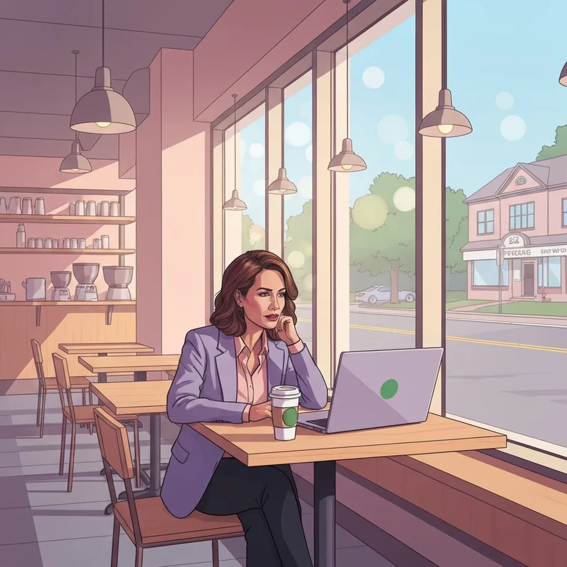 A young professional working on a laptop at a starbucks frederick md location with a latte.