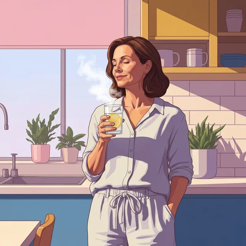 A woman experiencing relief from perimenopause bloating by drinking infused water in a calm environment.