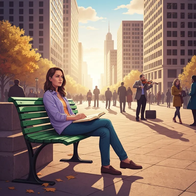 A young woman writing her metropolitan diary in a sunlit New York City park.