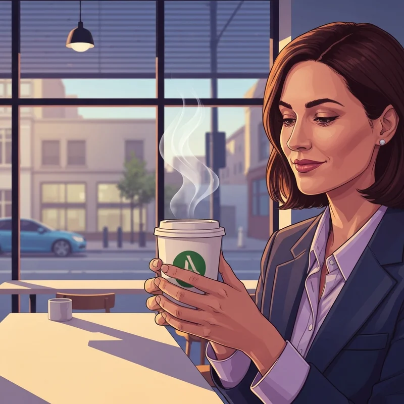 A professional woman enjoying my daily starbucks ritual in a sunlit modern cafe