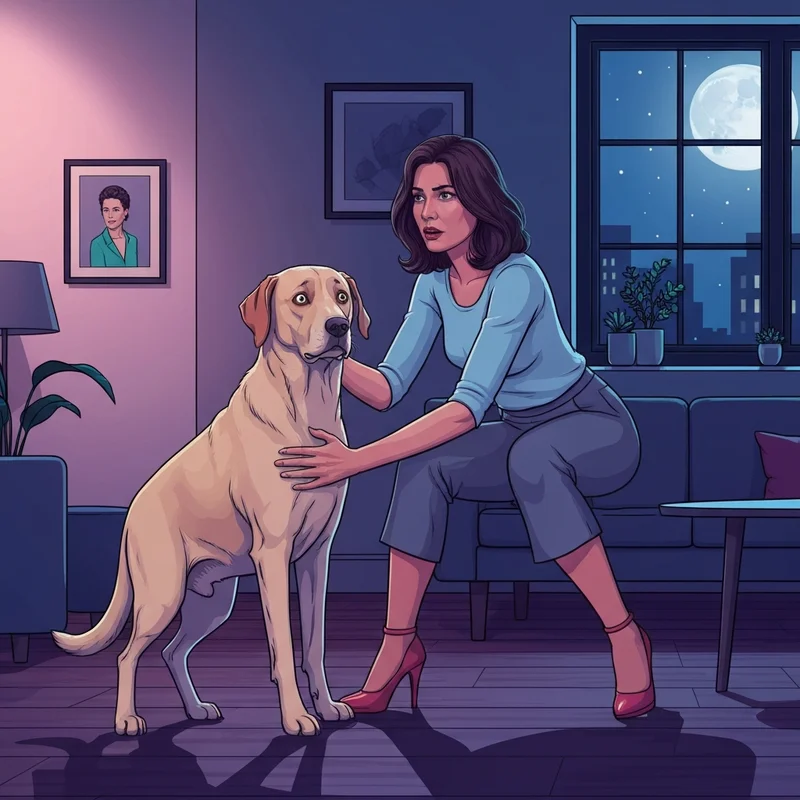 A concerned pet owner checking for bloat symptoms dog indicators in a dimly lit room.