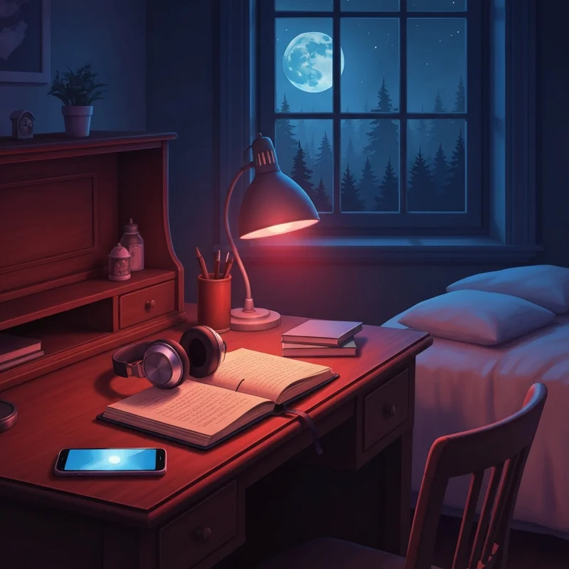 A cinematic flat lay of a diary and headphones representing the vampire diaries soundtrack aesthetic.