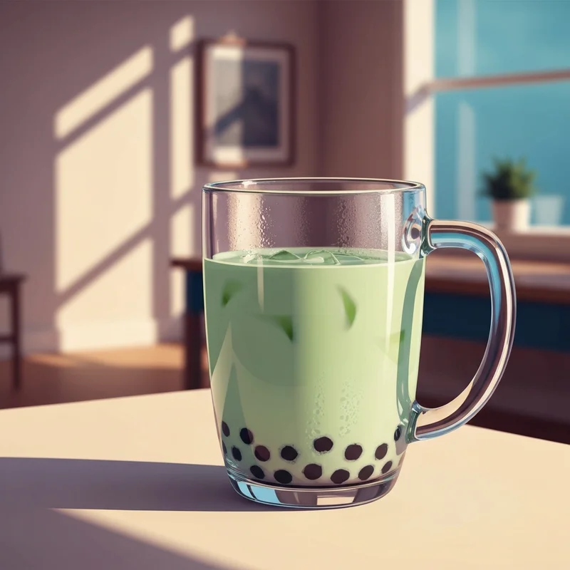 A refreshing glass of honeydew milk tea with boba pearls in a sunny setting.
