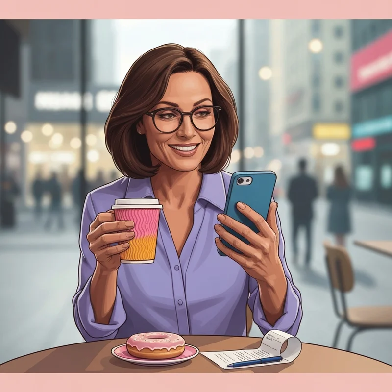 A young woman using her phone to tell dunkin about her coffee experience to earn a free donut reward.