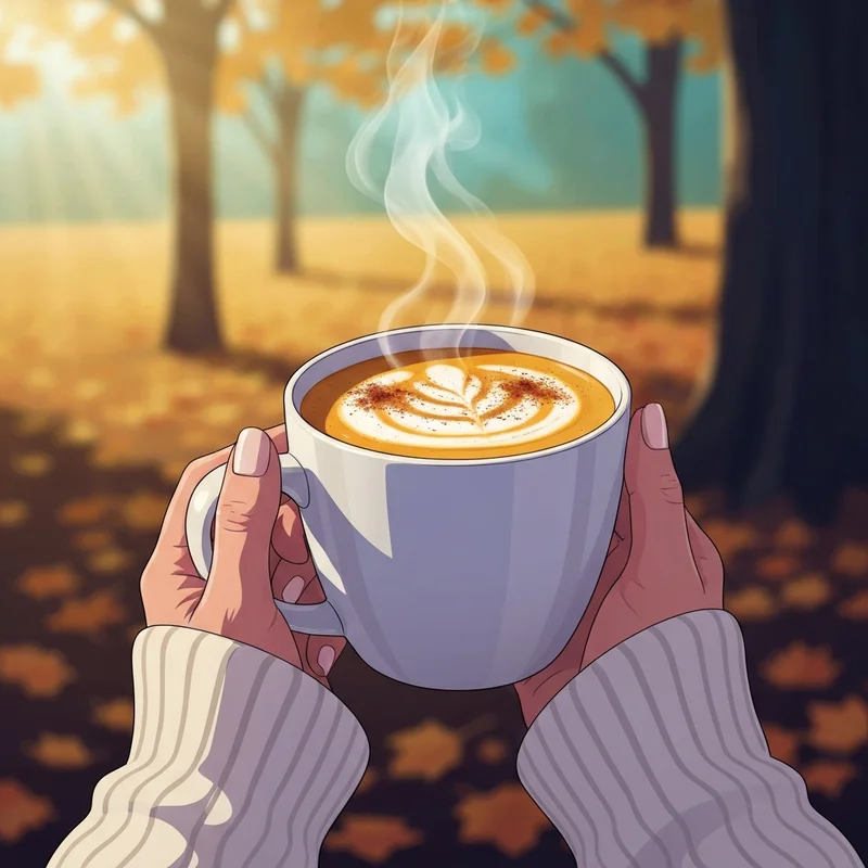 A cozy autumn scene focusing on the nutrition of pumpkin spice latte starbucks with a warm mug and fall leaves.