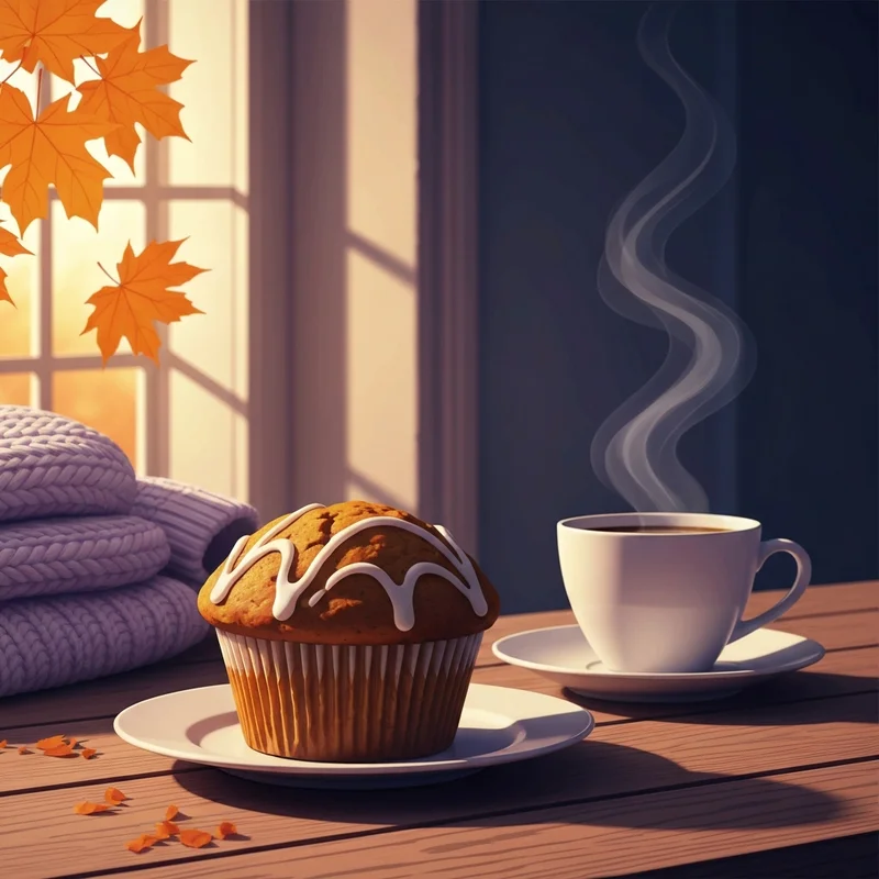 A delicious pumpkin muffin from dunkin donuts on a rustic table with autumn decor.