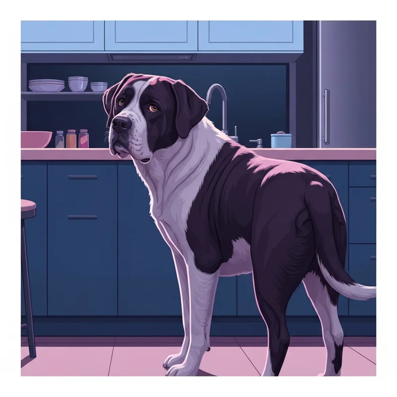 A large deep-chested dog standing in a kitchen, exhibiting early signs of dog bloat.