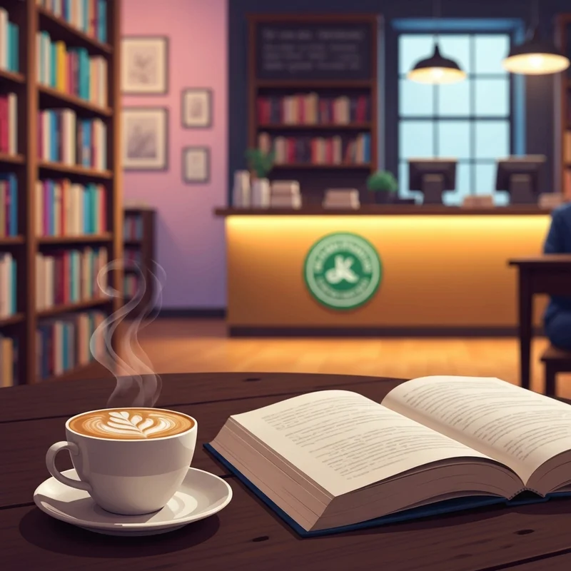 A cozy bookstore cafe featuring a latte and books, representing the starbucks at barnes and noble experience.