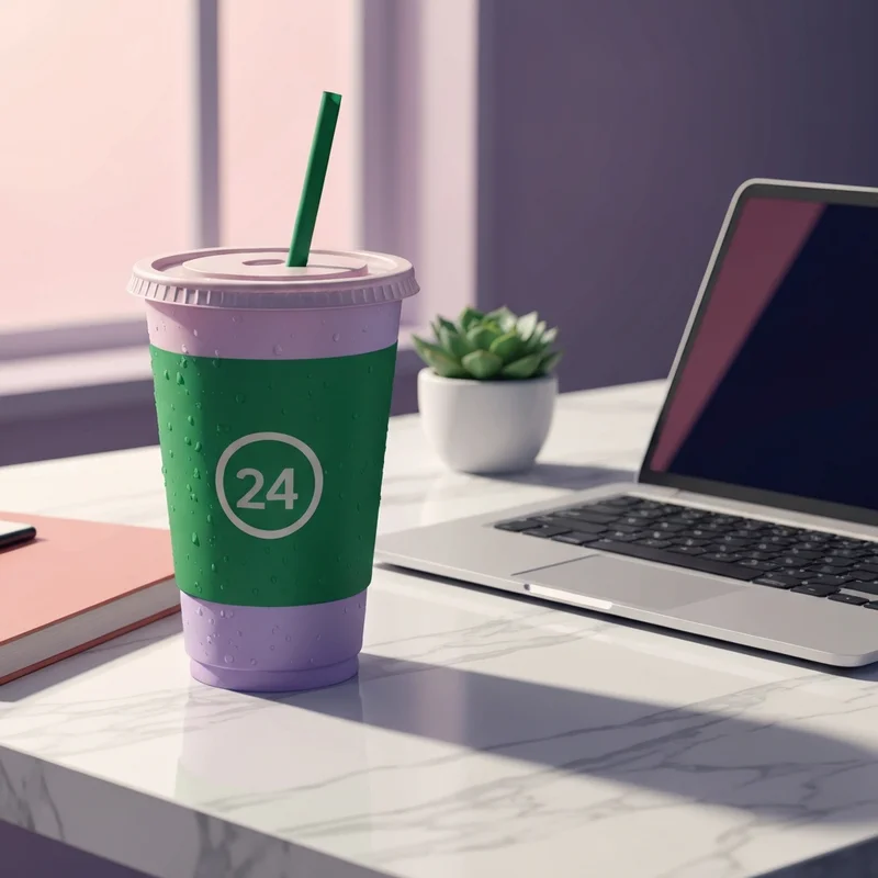 A close up of a cold coffee beverage illustrating the starbucks venti size in a professional office setting.