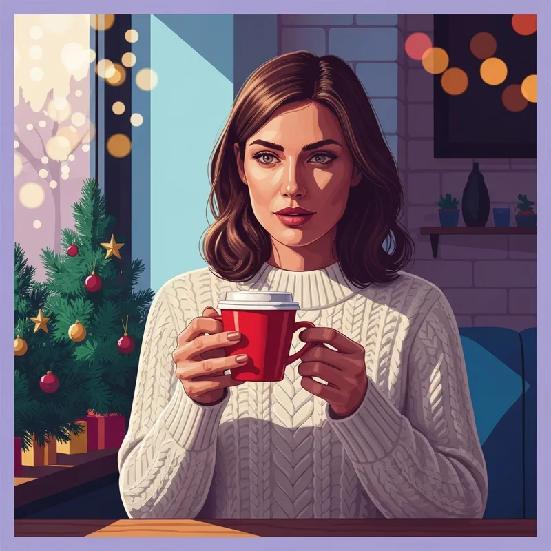 A festive flatlay of starbucks holiday reusable cups on a wooden table with evergreen branches.