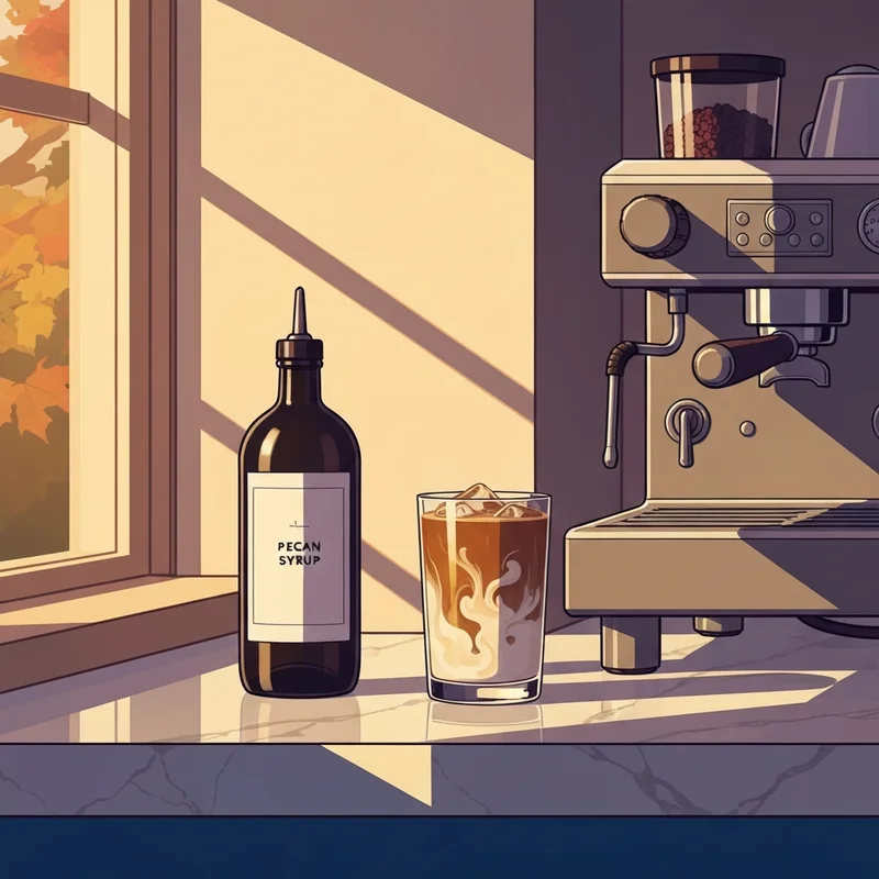 A minimalist home coffee bar featuring a bottle of starbucks pecan syrup and a fresh latte in the morning light.