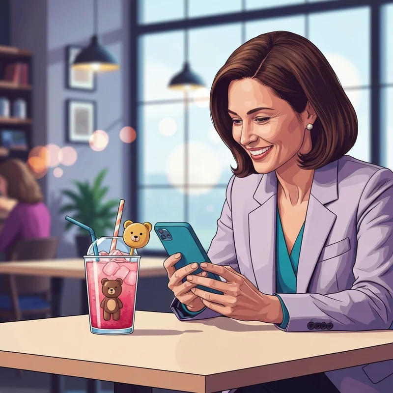 A woman enjoying a moment of luck while playing the starbucks summer game in a bright cafe.