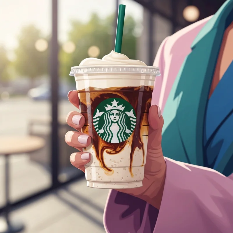 A close-up of one of the best iced starbucks drinks featuring layered espresso and cold foam held by a stylish woman in a cafe.