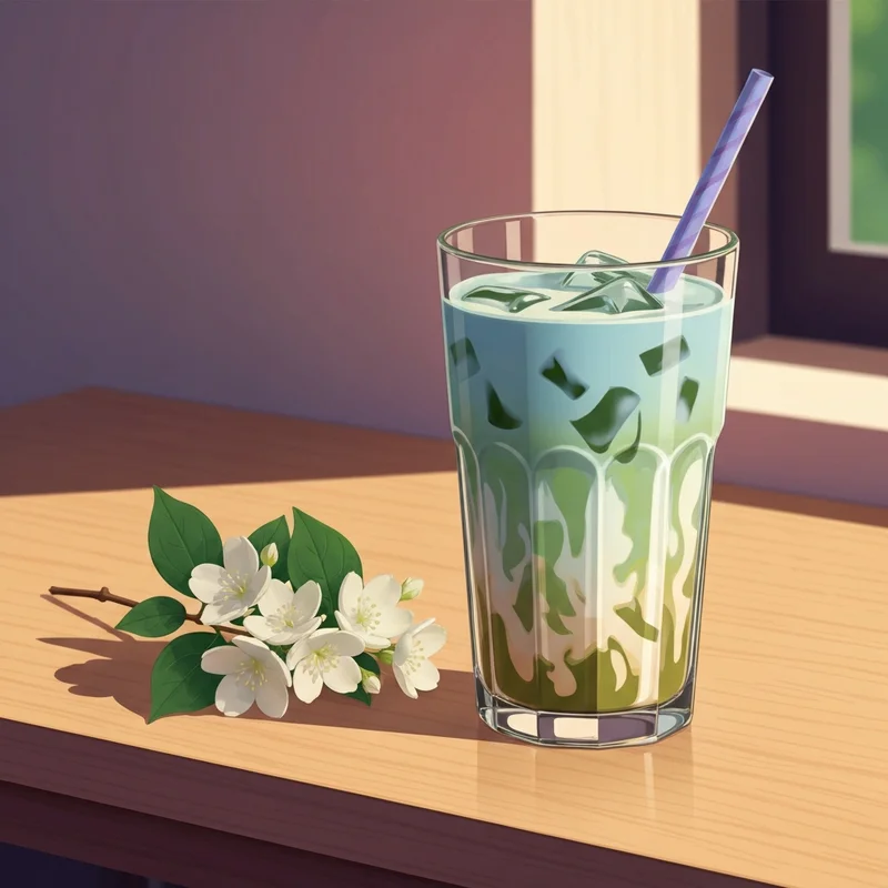 A professional-looking glass of green milk tea with ice and boba pearls on a minimalist desk.