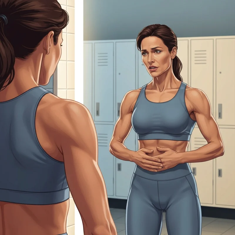 A woman in gym wear examining her bloated abs in a locker room mirror.