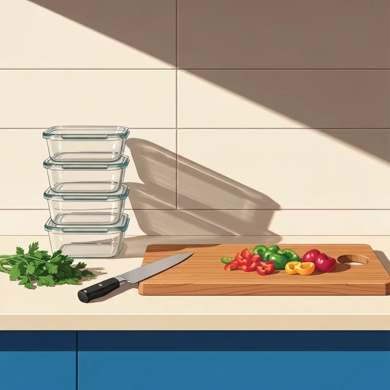 A collection of the best kitchen tools for meal prep including glass containers and a professional knife on a clean counter.