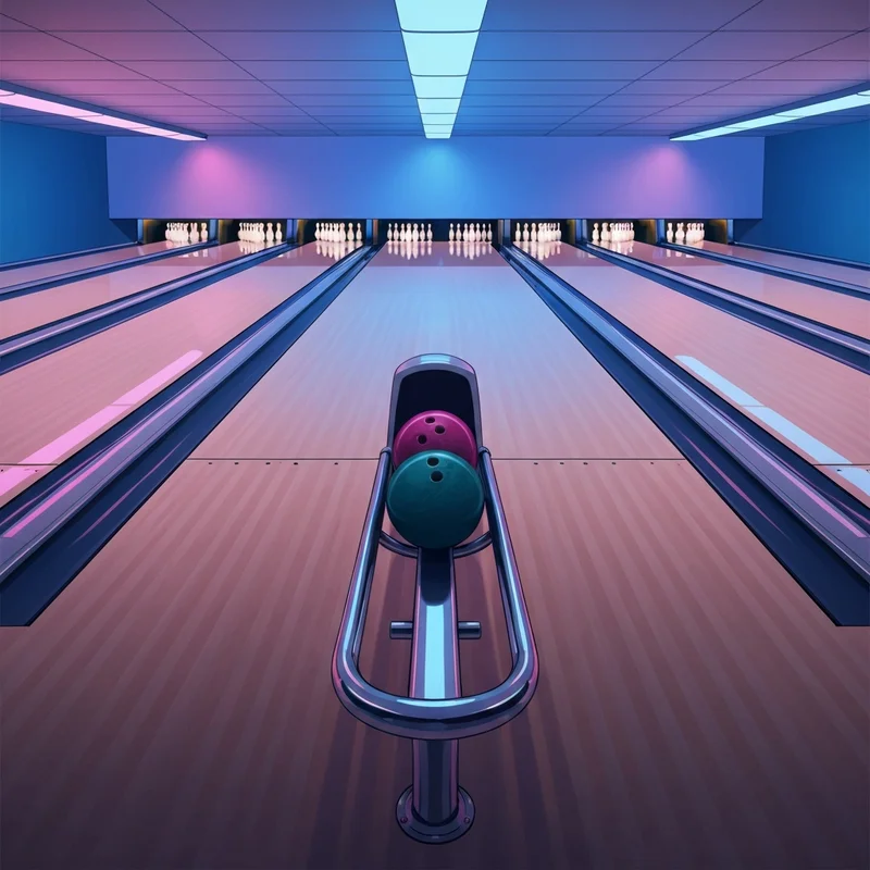 An atmospheric view of a vintage bowling alley for sale with polished lanes and neon lighting.