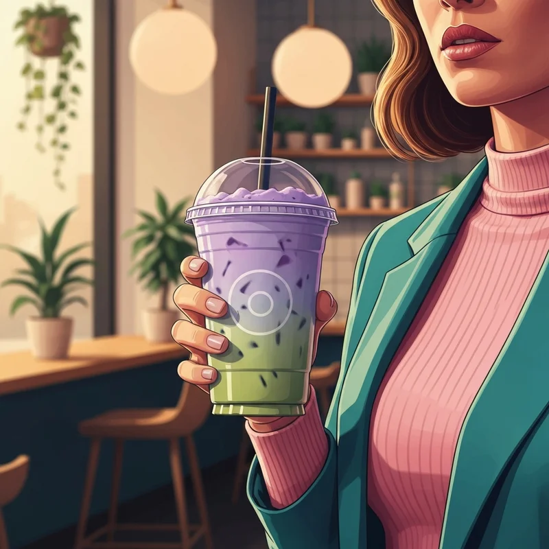 A stylish young woman holding a layered green and purple beverage, representing the variety of starbucks best drinks in a modern cafe setting.