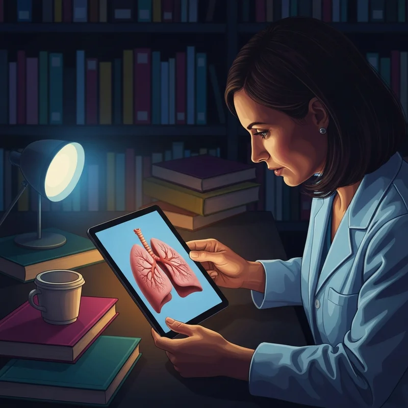 A nursing student studying the pathophysiology of the blue bloater on a tablet in a library.