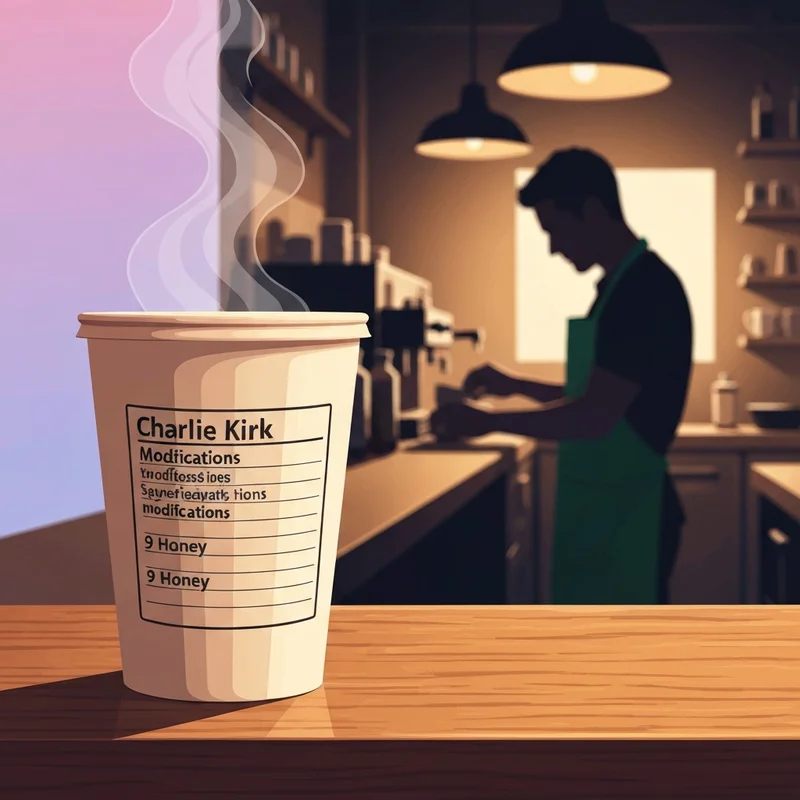 A close-up of a charlie kirk starbucks drink order showing a tea with nine honeys on a cafe counter.